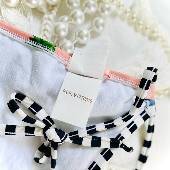 SALINAS | S | High Neck Palm Coral Sunset Bikini Black White Striped Sport Top - Picture 7 of 16